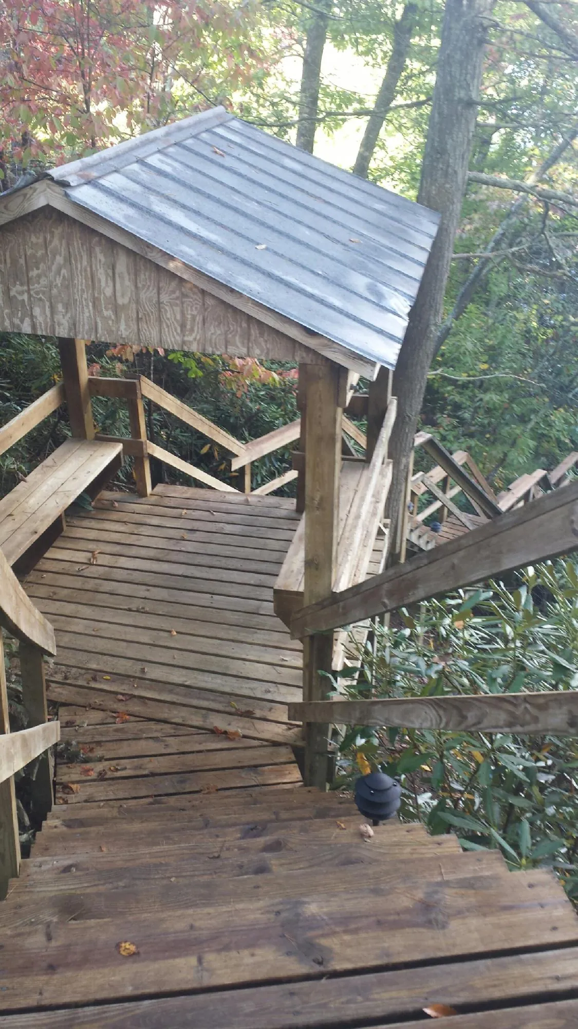 Metal roofed shelter over wooden steps on a wooded walkway — Skylight Repair & Installation work by our crew in Hartwell